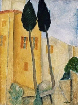 cipreses y casa 1919 Amedeo Modigliani Pinturas al óleo